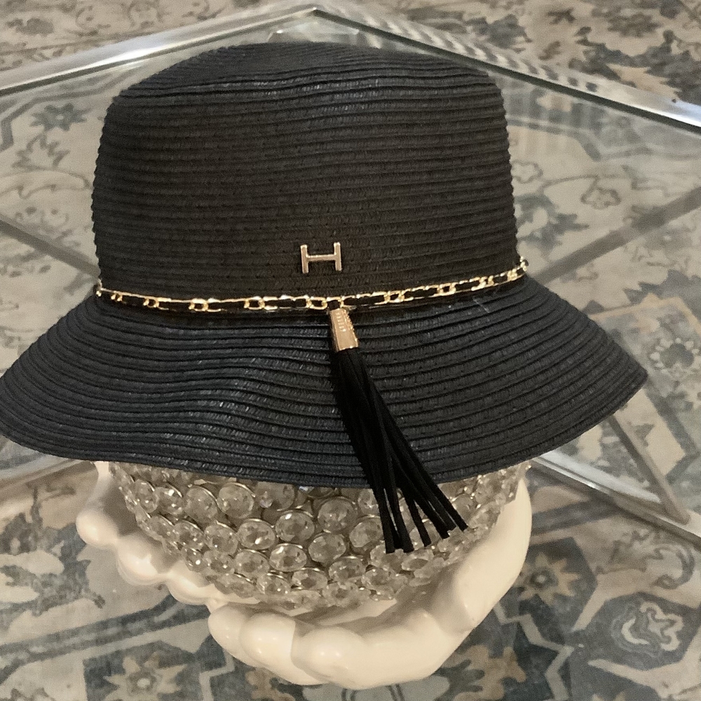 Halston Heritage Black Hat with Gold Chain and Tassel